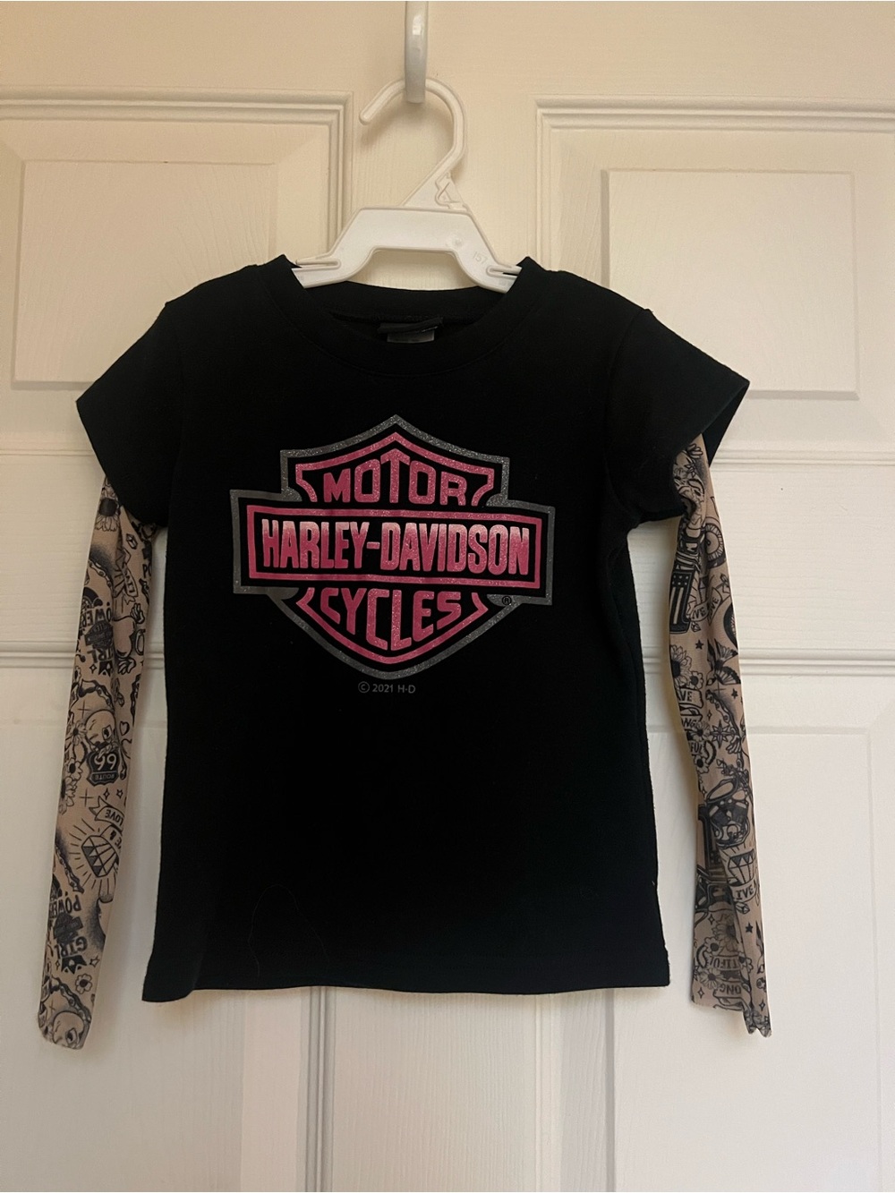 Harley-Davidson Faux Tattoo Tee with Pink Shield Logo and Printed Long Sleeves
